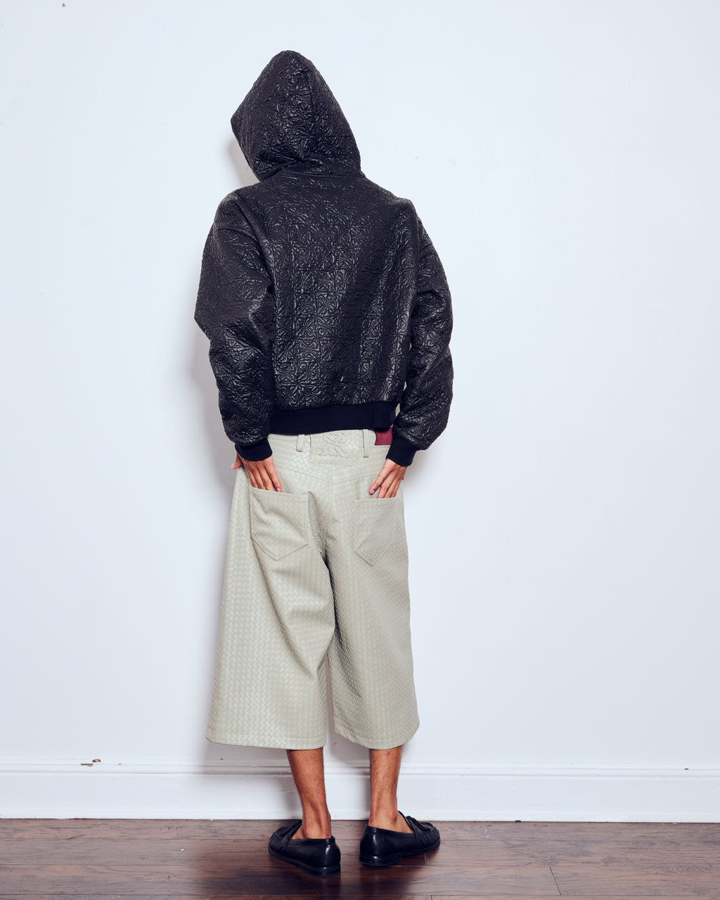 "Pearl Grey" Woven Leather Shorts