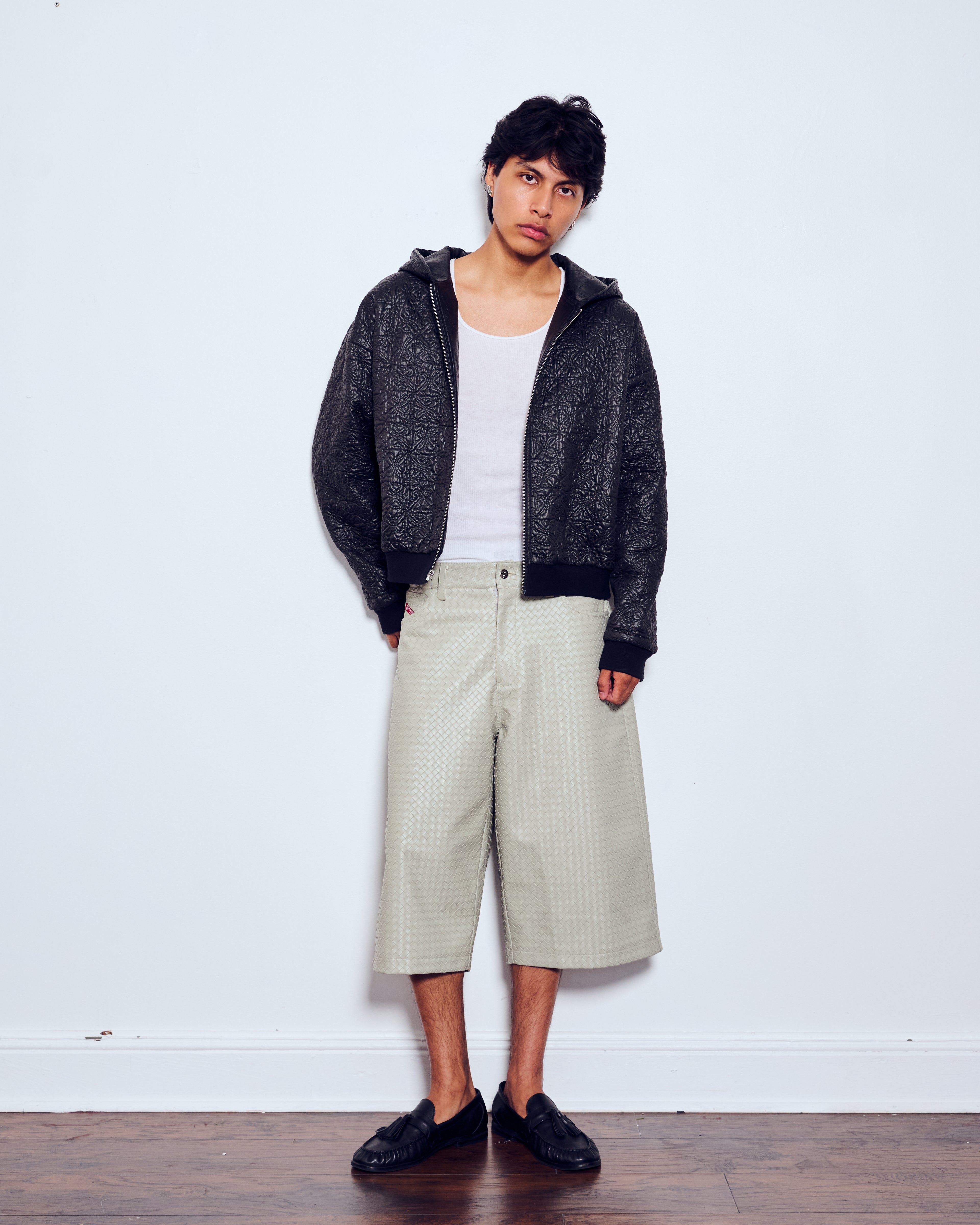 "Pearl Grey" Woven Leather Shorts