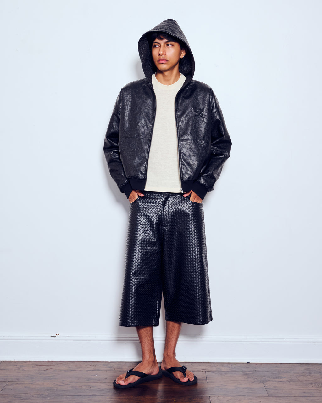 "Stealth Black" Woven Leather Shorts